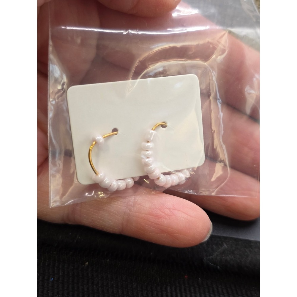 Beaded Hoop Earrings Gold‎ Tone White Seed Beads Small Huggie Style